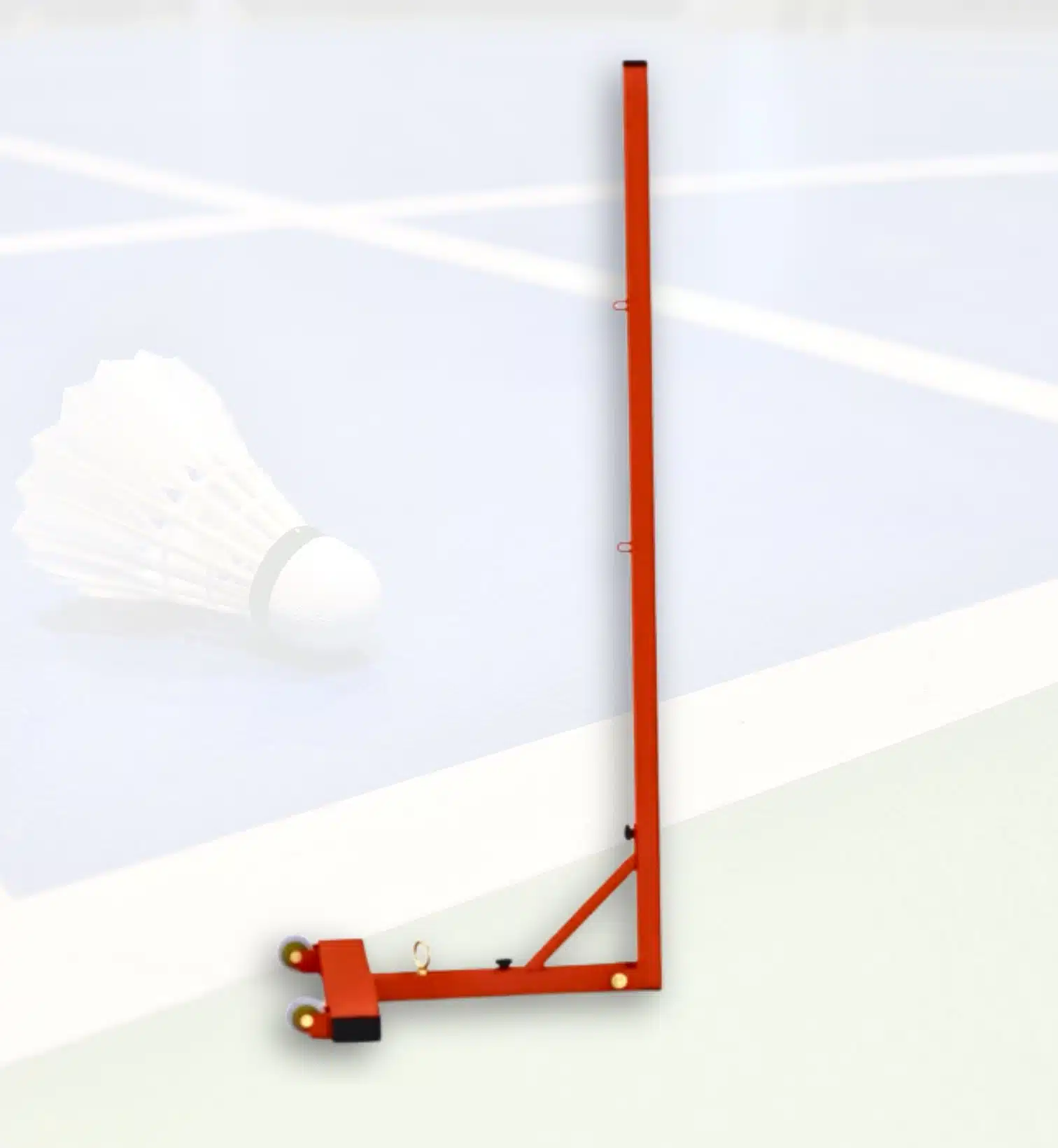 Red T-Base badminton post with wheels on blue indoor court featuring a shuttlecock in the background