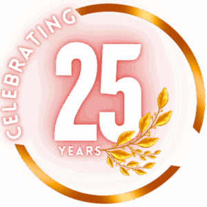 A circular graphic celebrating 25 years with the text "Celebrating 25 Years" and a golden laurel branch on a red background.