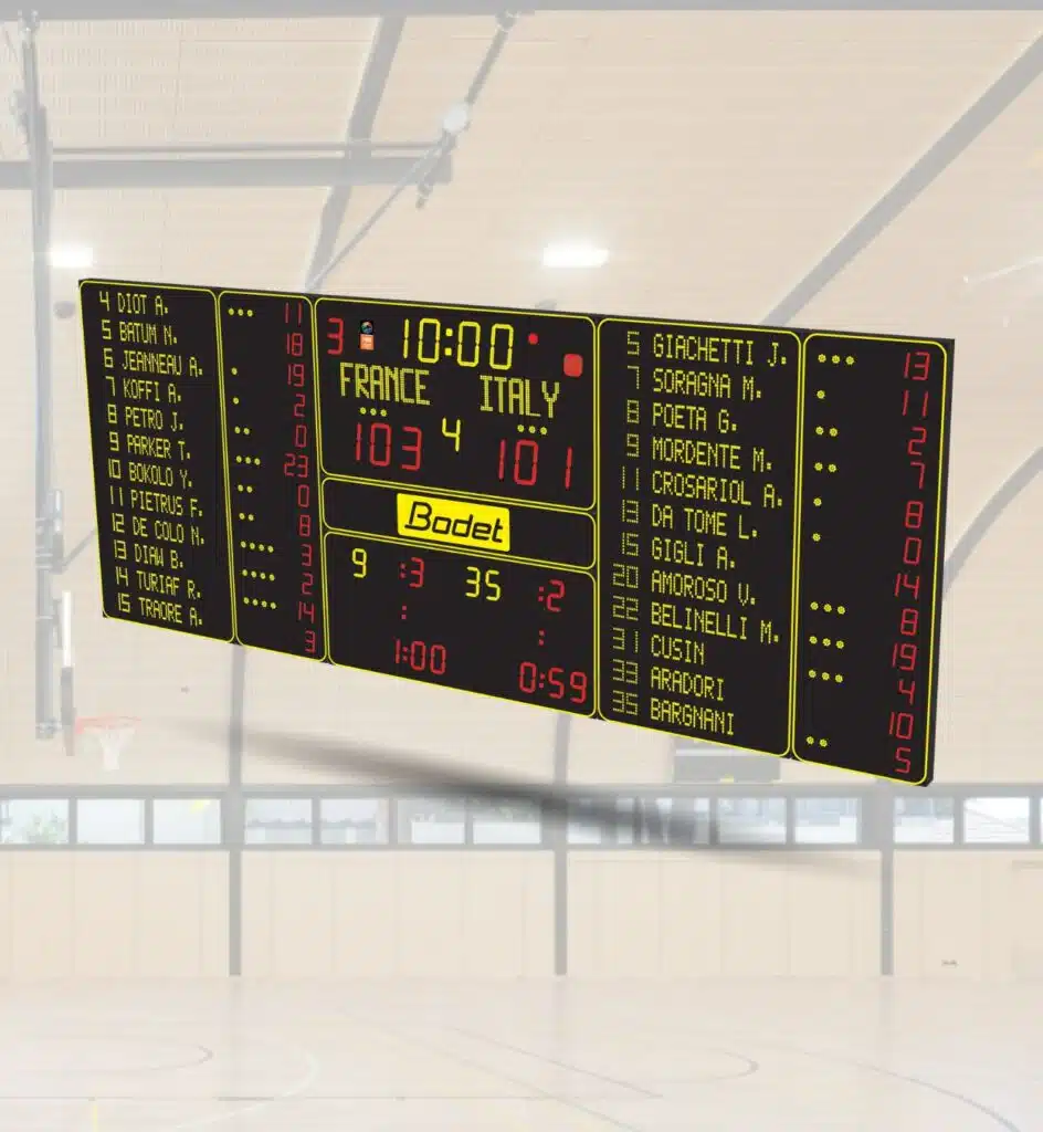 FIBA 1 Scoreboard - RMA Sport Electronic gym scoreboard displaying FRANCE vs ITALY with scores and a 10:00 timer inside a sports hall.