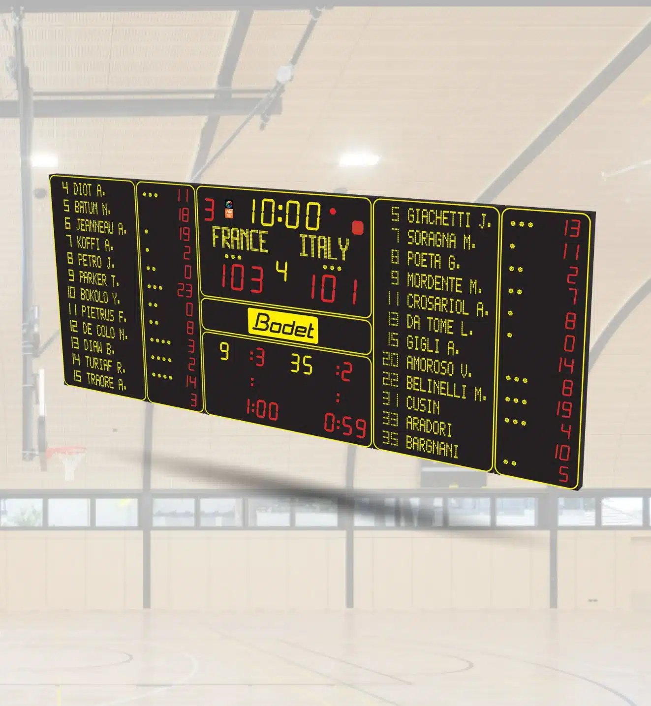 FIBA 1 Scoreboard - RMA Sport Electronic gym scoreboard displaying FRANCE vs ITALY with scores and a 10:00 timer inside a sports hall.