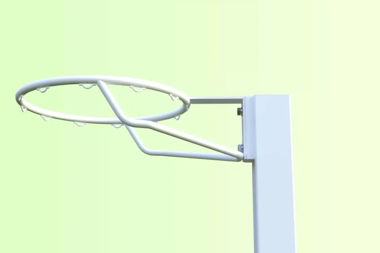 NBES-RHD3 - RMA Sport White basketball hoop ring mounted on a vertical light blue post against a pale green background, with no net visible.