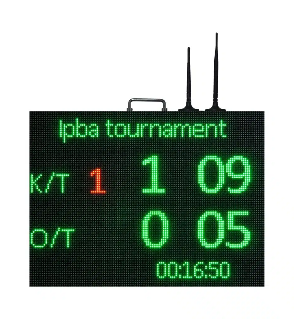 Small Screen 1 - RMA Sport LED scoreboard displaying a tournament scoreboard with green numbers and digits; shows score 1–0 and time 00:16.50, with antennas on top.