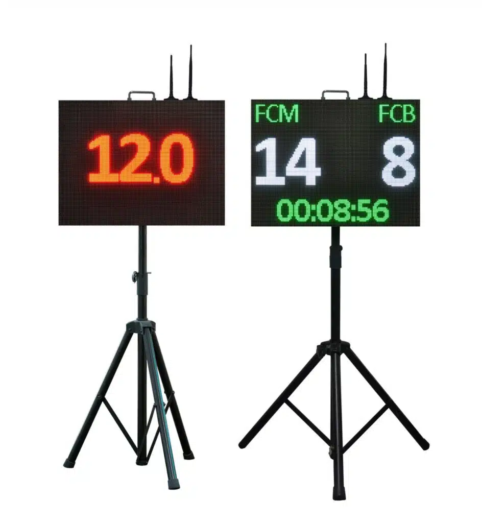 Small Screen Basketball-3x3 - RMA Sport Two LED scoreboards on tripods; left shows red 12.0, right shows white 14 and 8 with a green timer reading 00:08:56.