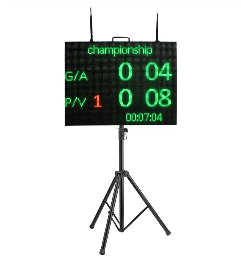 Small Screen Beach Volleyball - RMA Sport Electronic scoreboard on a tripod stand displaying championship scores and timer: G/A 0 04, PN 1 0 08, time 00:07:04
