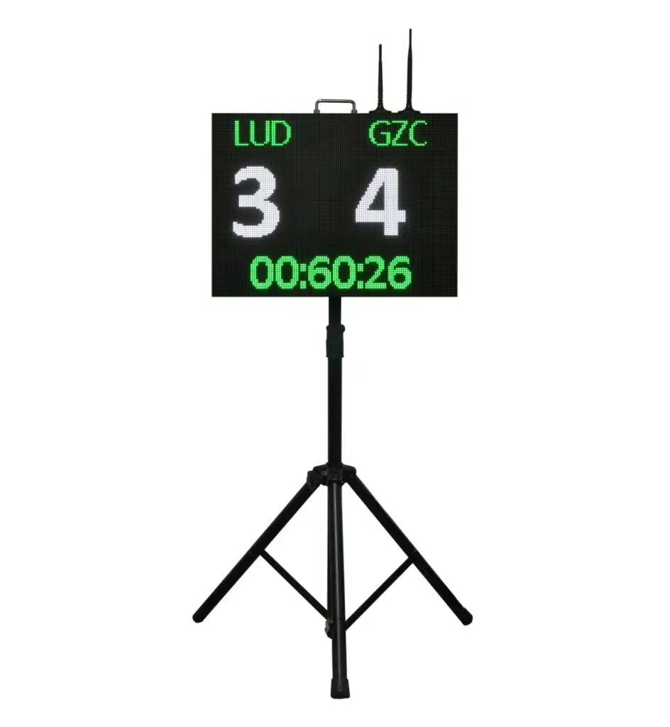 Small Screen Soccer 1 - RMA Sport Electronic scoreboard on a tripod displaying scores 3 and 4 with a green timer reading 00:60:26.