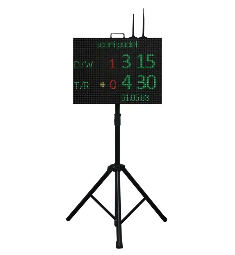 Small Screen Soccer - RMA Sport Electronic scoreboard on a tripod stand displaying red '1', green '315' and a timer reading 01:05:03.
