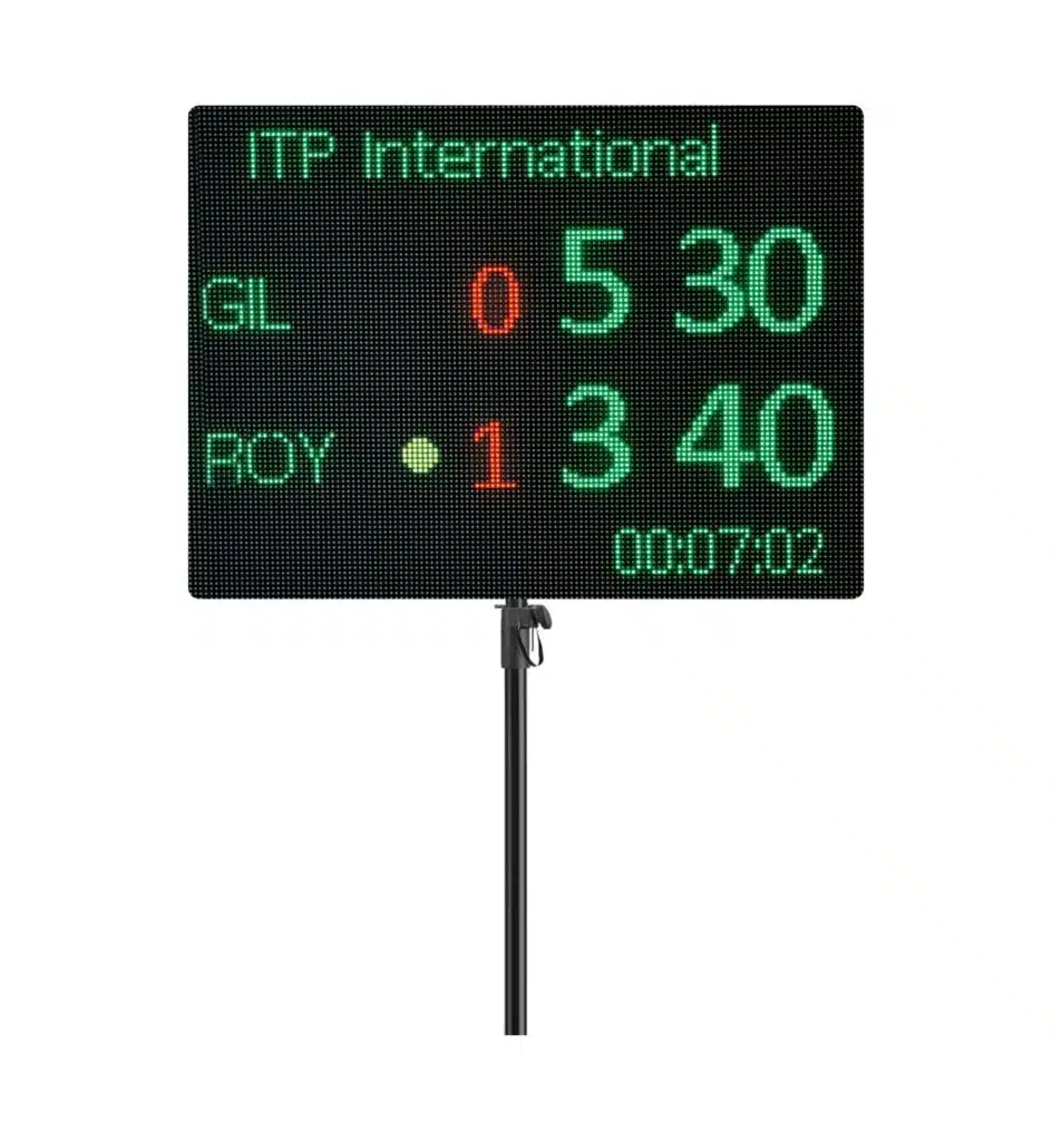 Small Screen Tennis - RMA Sport LED scoreboard showing ITP International with team labels GL and ROY, scores in bright green and a timer reading 00:07:02