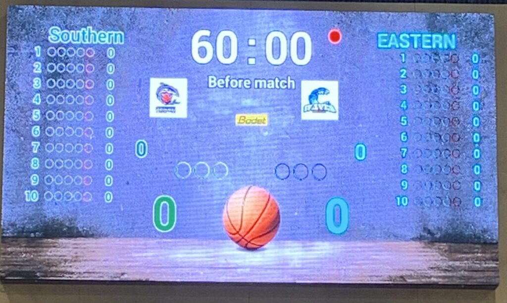 Ballina Screen - RMA Sport Scoreboard before match: Southern vs Eastern, 60:00 on the clock, team logos in center, basketball image at bottom.