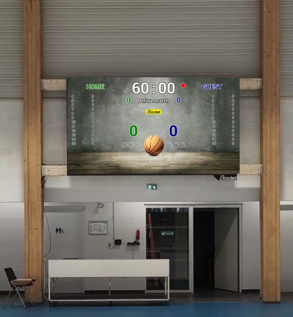 LED Screen Hardware Package 1 - RMA Sport Indoor gym with a large scoreboard showing 60:00 before the match; Home and Guest scores are 0, basketball centered at the bottom.