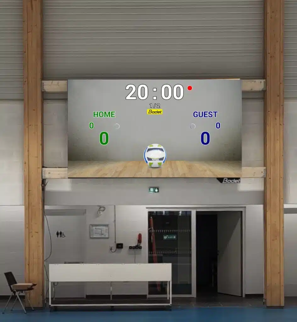 LED Screen Hardware Package 2 - RMA Sport Indoor gym with a large scoreboard showing 20:00, Home 0, Guest 0, and a futsal ball centered on the floor mat below the screen