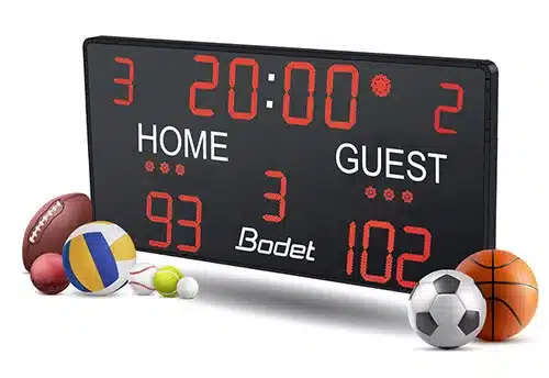 btx6025-ms-team-sportsjpg - RMA Sport Electronic Bodet scoreboard showing 20:00 with Home 3, Guest 2, surrounded by basketball and other sport balls.