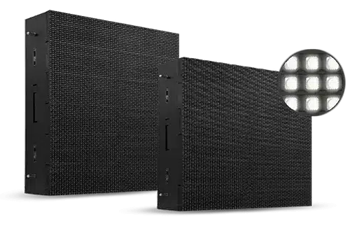 gamme-ecrans-videopng - RMA Sport Two large black LED display panels standing side by side, with a close-up inset showing individual LED diodes.