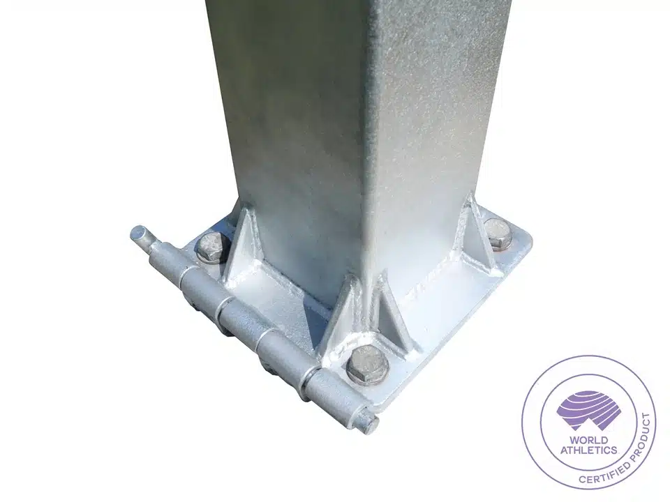 ATH-DTC64 - world-athletics-certified-competition-discus-throw-cage-7 - RMA Sport Steel column base plate with four anchor bolts securing the vertical beam, shown on a white background with a World Athletics Certified Product stamp in the corner.
