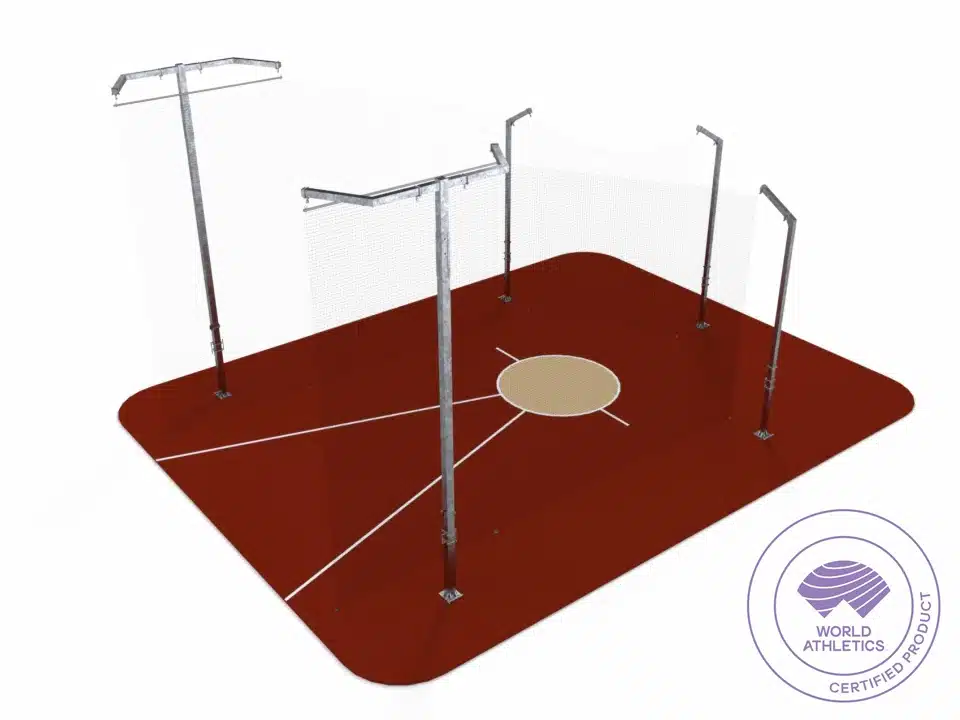 ATH-DTC64 - world-athletics-certified-competition-discus-throw-cage-8 - RMA Sport Metal throwing cage with safety nets on a red padded surface; a circular throwing circle is centered with lines radiating outward.