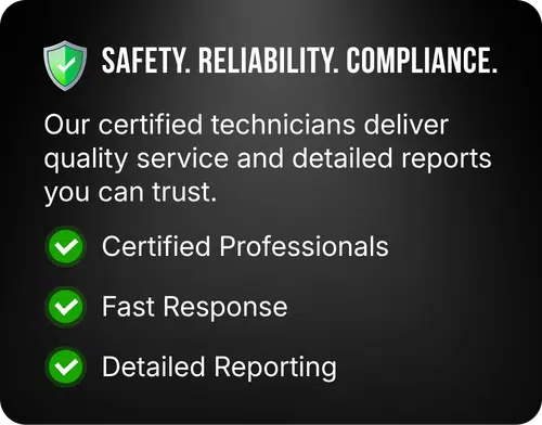 Heading 1 - RMA Sport Dark gradient banner promoting safety, reliability, and compliance: includes bullets 'Certified Professionals', 'Fast Response', and 'Detailed Reporting' with green check marks.