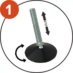 Height adjustable swivel feet - RMA Sport Adjustable furniture leveling foot with a threaded screw and black conical base; arrows show rotation and vertical adjustment.