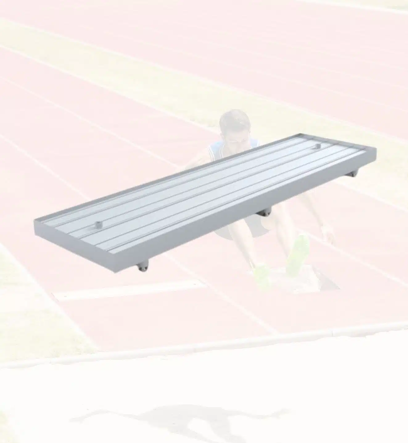 Long Jump Blank Board Inlay - RMA Sport Overhead view of a gray metal bench spanning across a running track with an athlete visible beneath it.