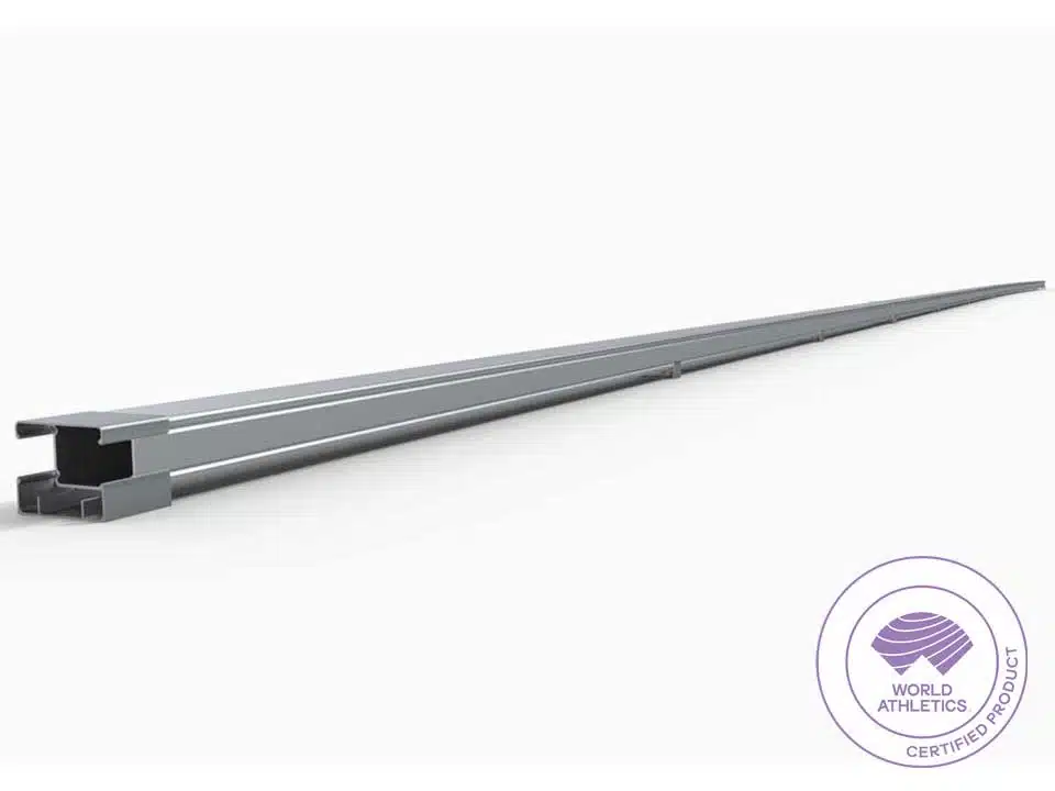 Running Rail Plates - world-athletics-certified-track-curbing-1 - RMA Sport Long gray aluminum track rail with twin channels on a white background; World Athletics Certified Product stamp bottom right.