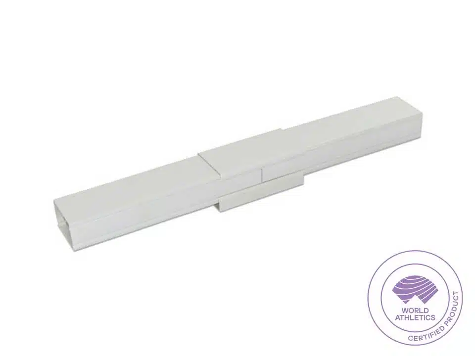 Running Rail Plates - world-athletics-certified-track-curbing - RMA Sport Long white plastic rail with interlocking sections, shown on a white background with a World Athletics certified product stamp in the bottom-right corner.