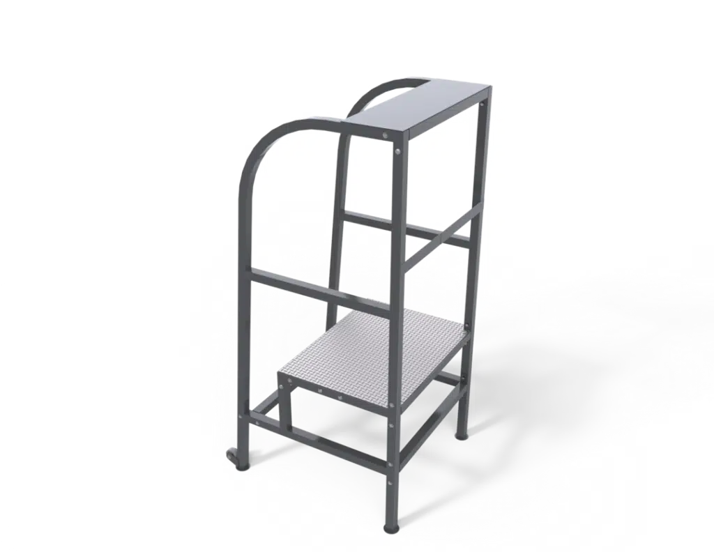 Starters Rostrum - S61821 - RMA Sport Steel stair-climbing hand truck with a perforated platform and wheels on a metal frame