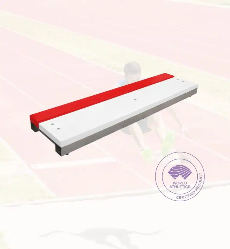 Red and white track starting block resting on a running track surface, with a World Athletics certified product stamp nearby.