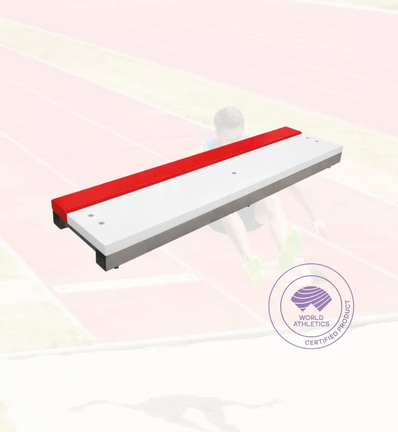 Take Off Board - RMA Sport Red and white track starting block resting on a running track surface, with a World Athletics certified product stamp nearby.