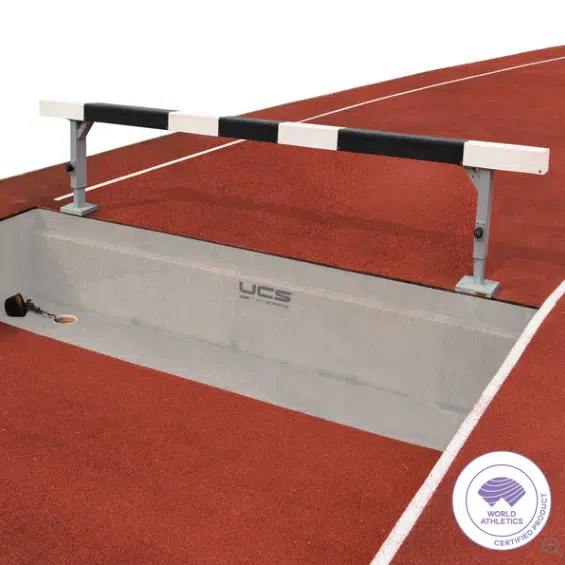 Water Jump 3 - RMA Sport Crossbar on metal supports over a gray high-jump landing pit on a red track, with a World Athletics certification badge in the corner.
