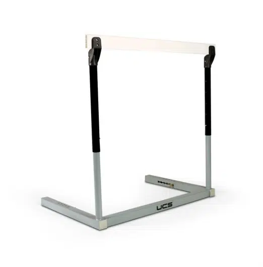 Hurdle Manual - 3000 - Black - RMA Sport Adjustable squat stand with two vertical uprights, a white crossbar, and a rectangular base, used for bodyweight exercises like squats and pull-ups.