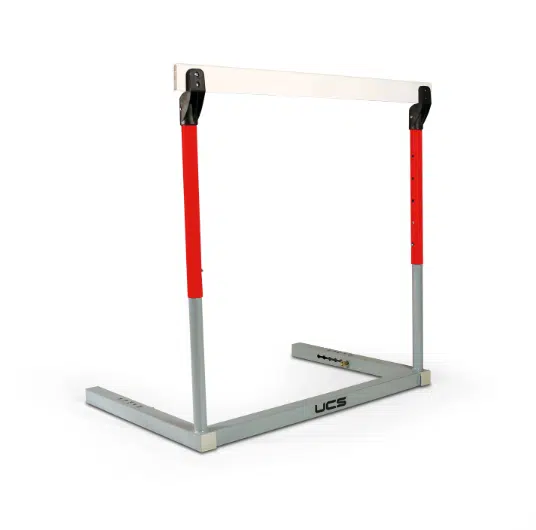 Hurdle Manual - 3000 - Red - RMA Sport Adjustable squat rack with red uprights, gray base, and a white crossbar for supported barbell squats.