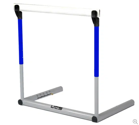 Hurdle Manual - 5000 - Blue - RMA Sport Freestanding gymnastics training bar with a horizontal top bar and two blue vertical supports on a silver base, used for pull-ups or bar exercises.