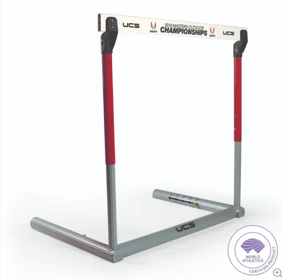 Hurdle Manual - 5000 - Maroon - RMA Sport Portable archery stand with red uprights, gray base, and top bar reading '2016 Masters Outdoor Championships'; World Archery certified badge in corner.