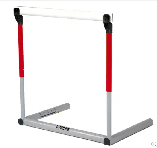 Hurdle Manual - 5000 - Red - RMA Sport Compact freestanding squat rack with red vertical posts, a white horizontal bar on top, and a gray base.