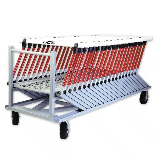 Large - 526-1220_Ultimate_Hurdle_Cart_600x - RMA Sport Portable golf club rack on wheels holding a row of red-shafted clubs for storage or transport.